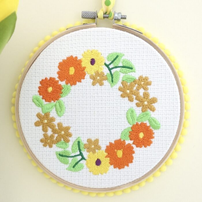 Embroidery Hoop Art 13cm: Yellow Floral Wreath - Image 2