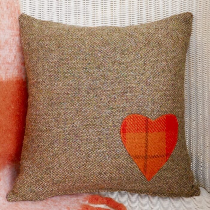 Harris Tweed Cushion | Throw Pillow 34cm: Orange Appliqué Heart
