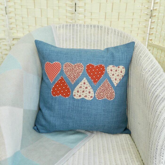 Denim Blue Appliqué Cushion 43cm: Red Hearts - Image 3