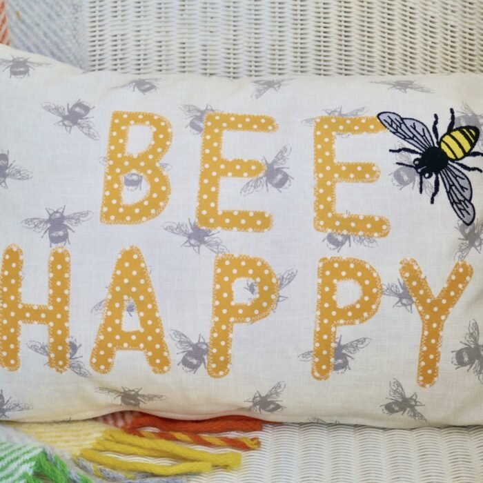 Cream Appliqué oblong Cushion: Bee Happy - Image 2