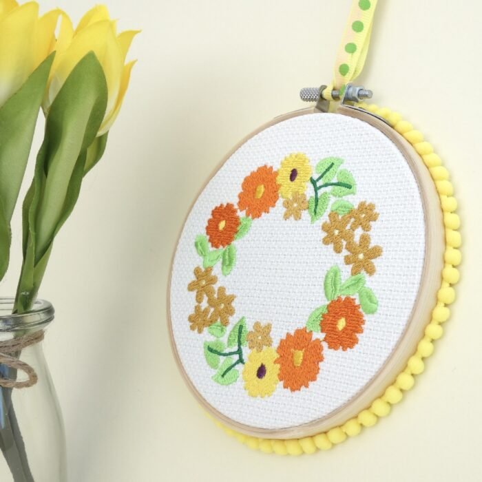Embroidery Hoop Art 13cm: Yellow Floral Wreath - Image 3