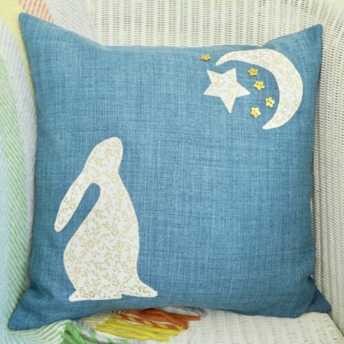 Denim Blue Appliqué Cushion 43cm: Moon Gazing Hare