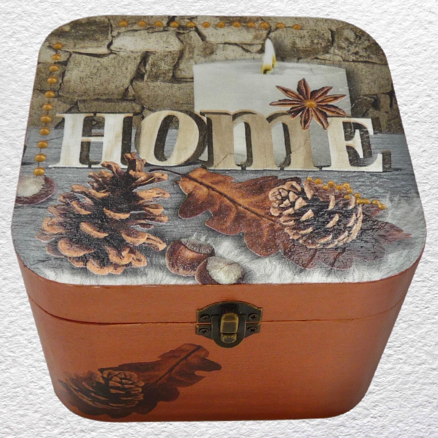 Home: Decorated Wooden Keepsake, Trinket, Jewellery Box 17cm