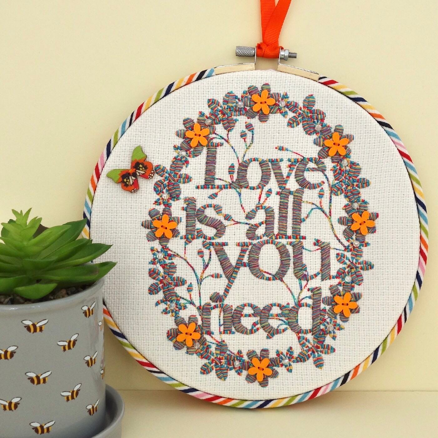 Embroidered Hoop / Textile Art Wall Hanging: Love 22cm