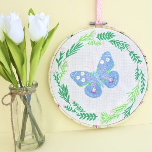 Embroidered Hoop / Textile Art Wall Hanging: Blue Butterfly 22cm
