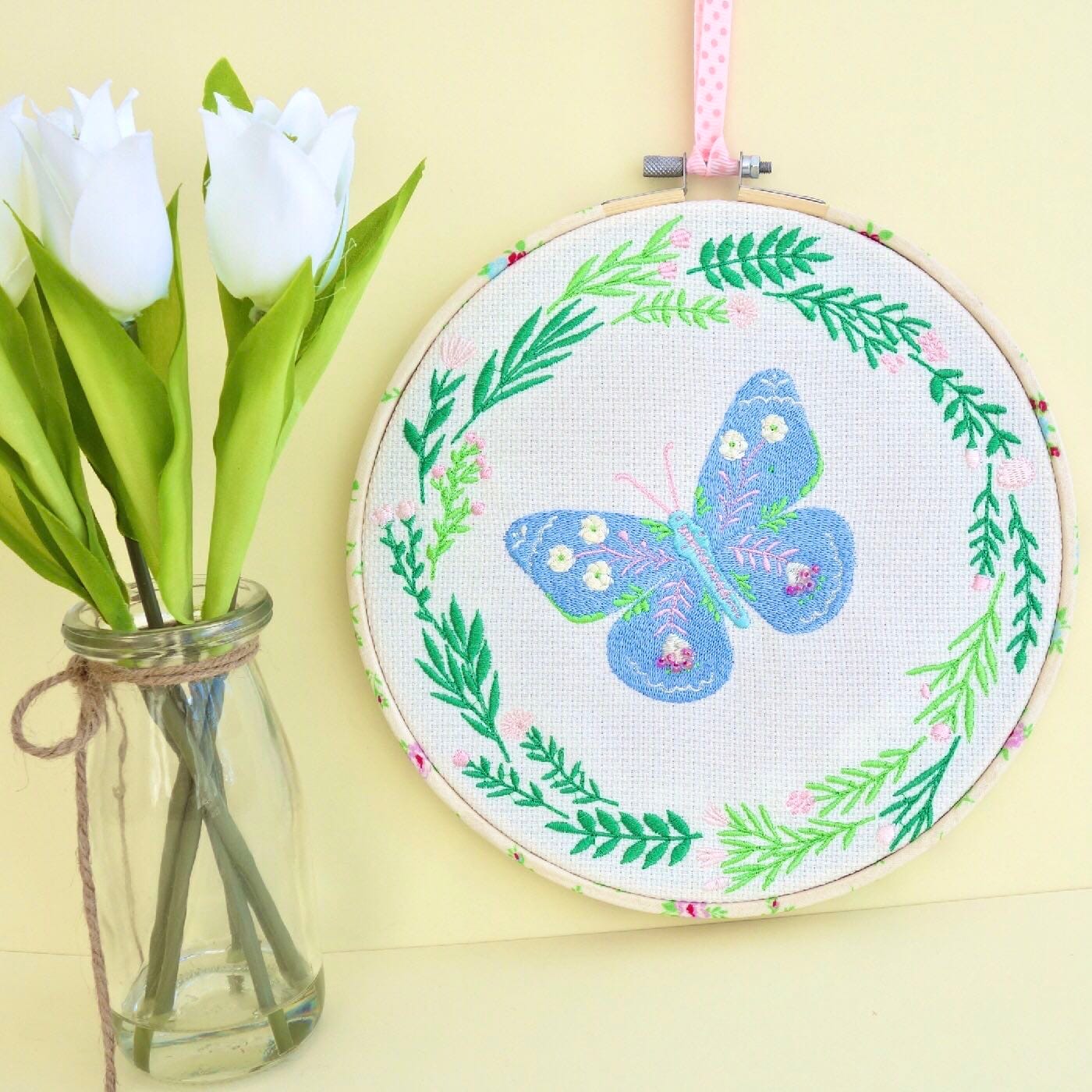 Embroidered Hoop / Textile Art Wall Hanging: Blue Butterfly 22cm