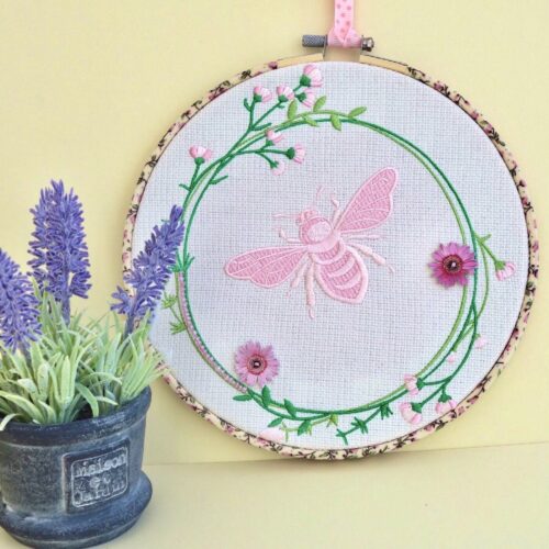 Embroidered Hoop / Textile Art Wall Hanging: Pink Bee 22cm