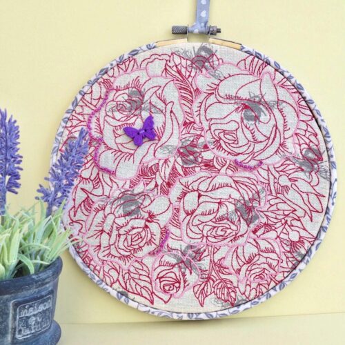 Embroidered Hoop / Textile Art Wall Hanging: Roses 22cm