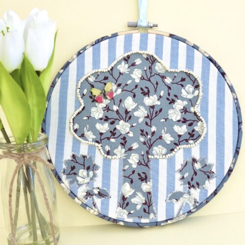 Embroidered Hoop / Textile Art Wall Hanging: Tree & Flowers 24cm