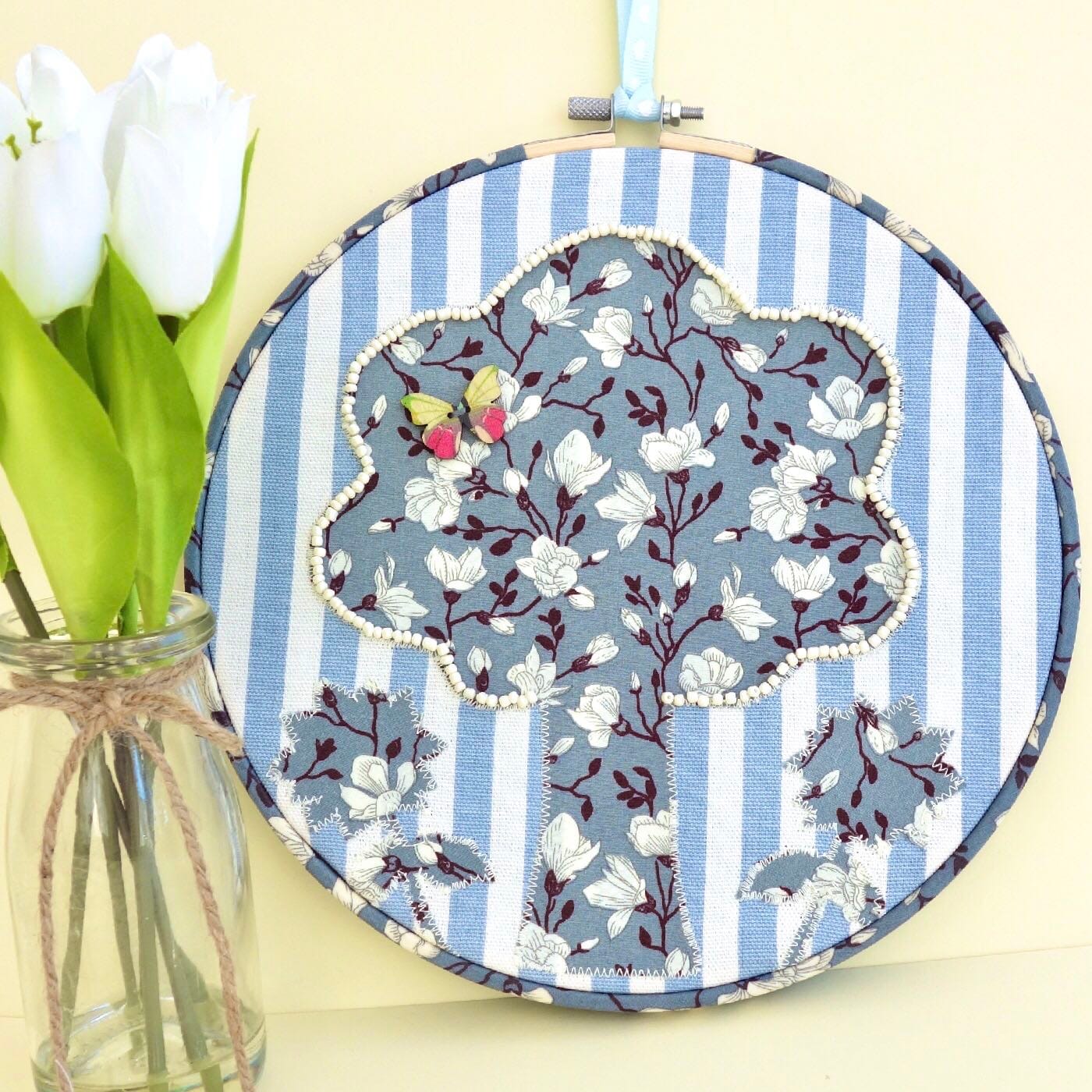Embroidered Hoop / Textile Art Wall Hanging: Tree & Flowers 24cm