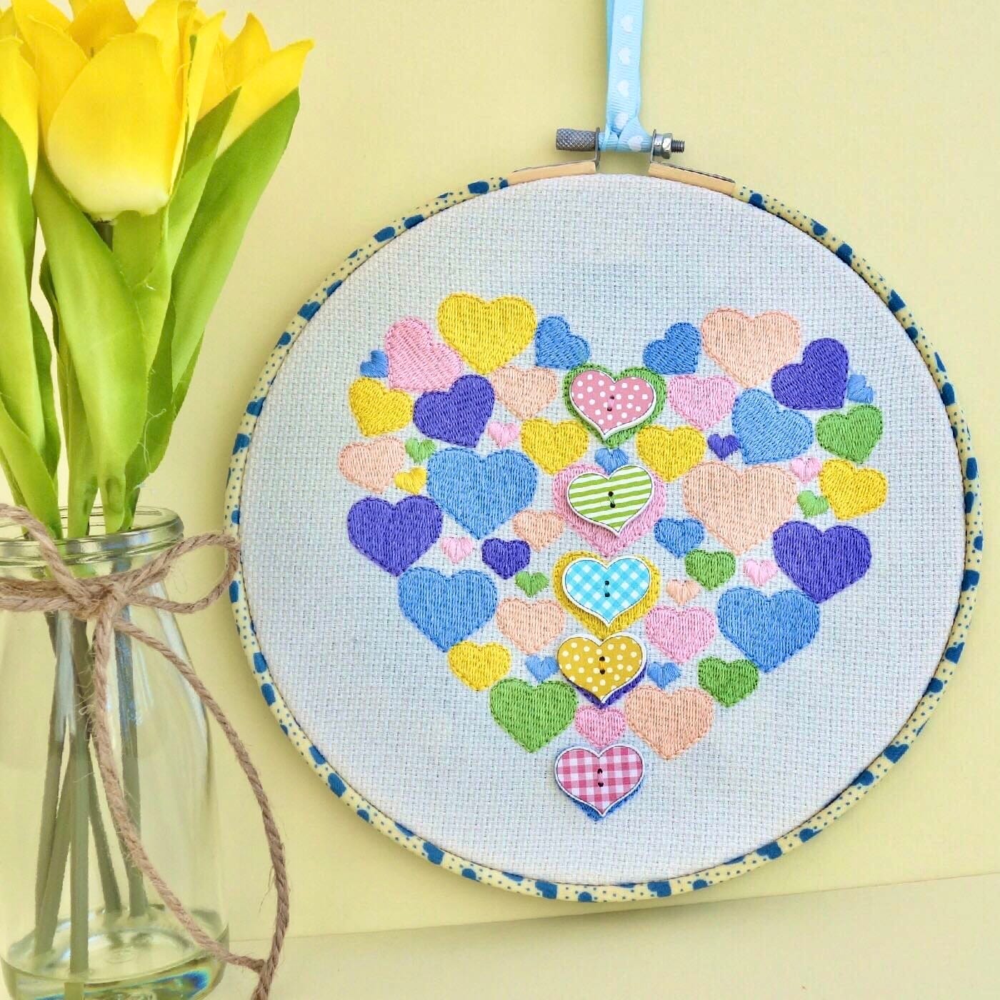 Embroidered Hoop / Textile Art Wall Hanging: Hearts 22cm