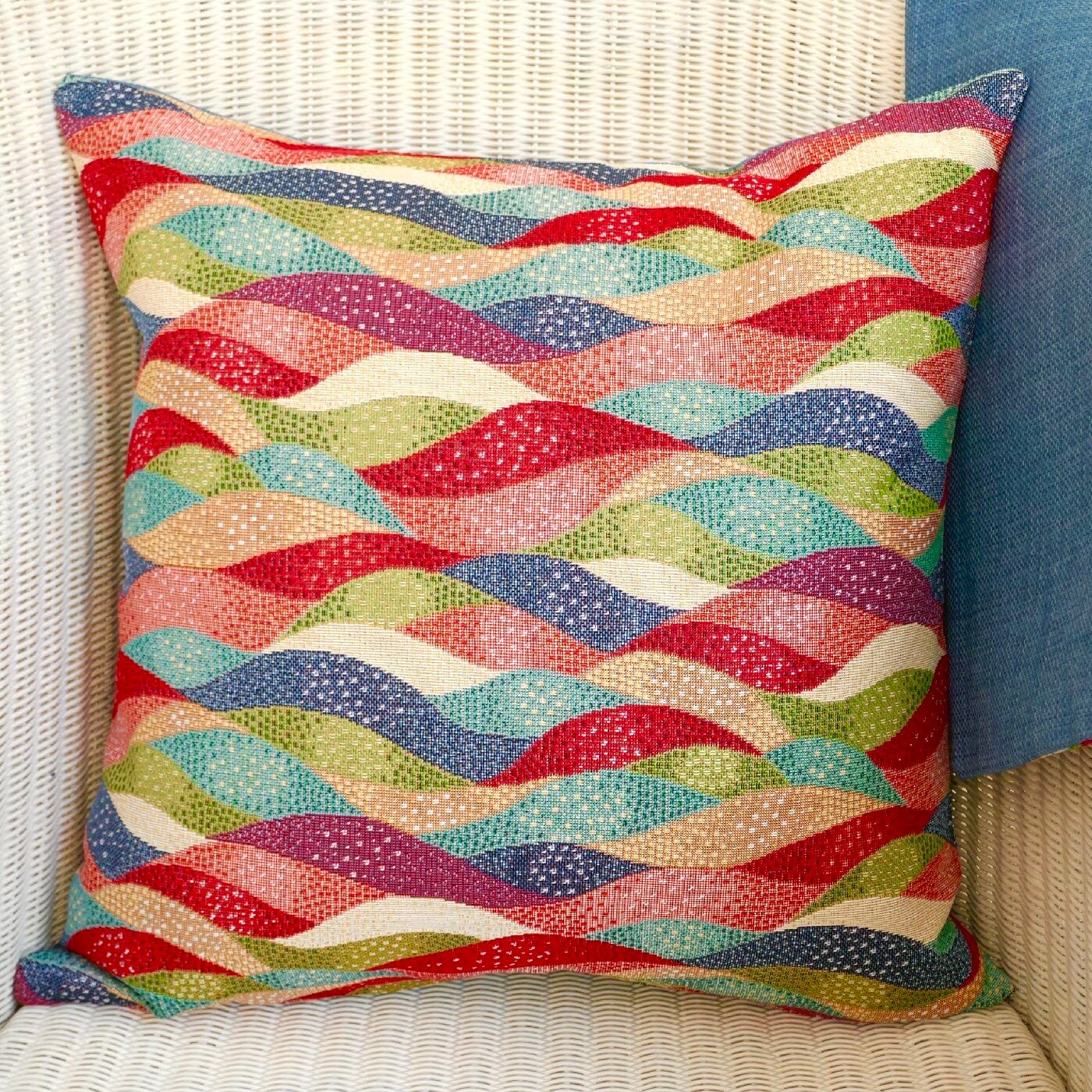 Tapestry Scatter Cushion, Waves design / Denim Blue reverse