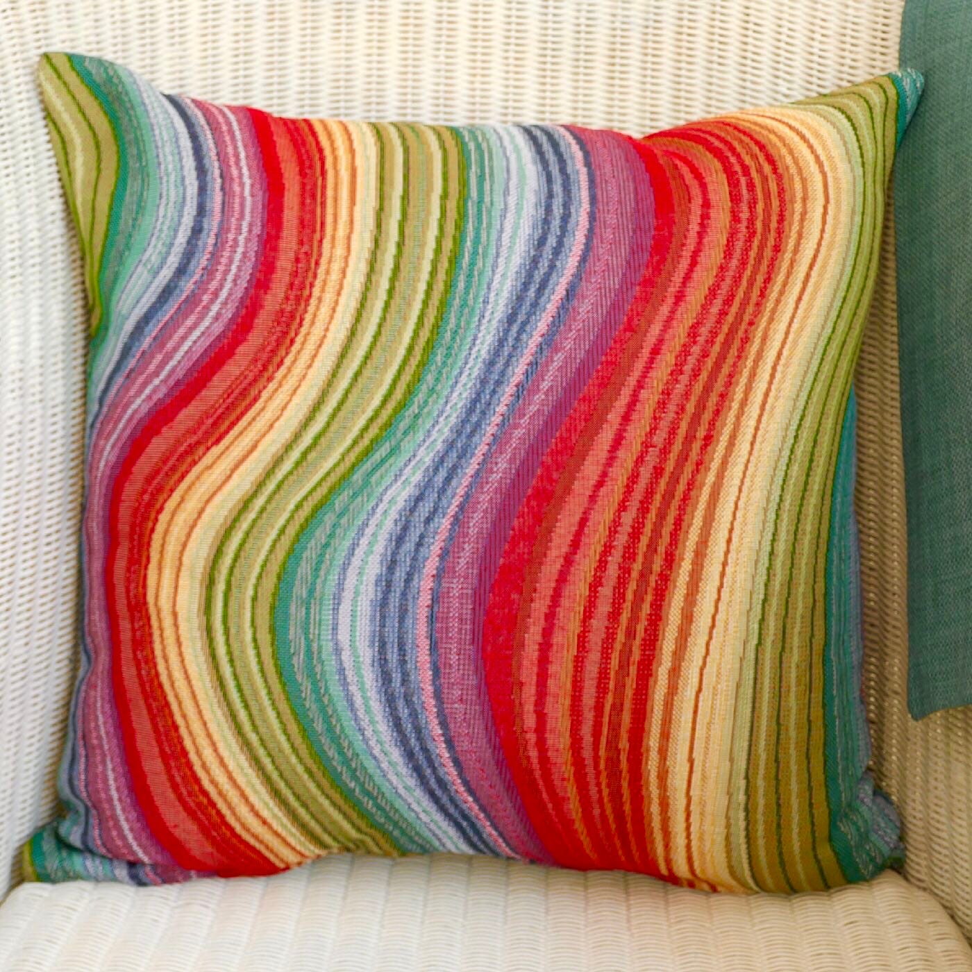 Tapestry Scatter Cushion, Rainbow design / Duck Egg Blue reverse