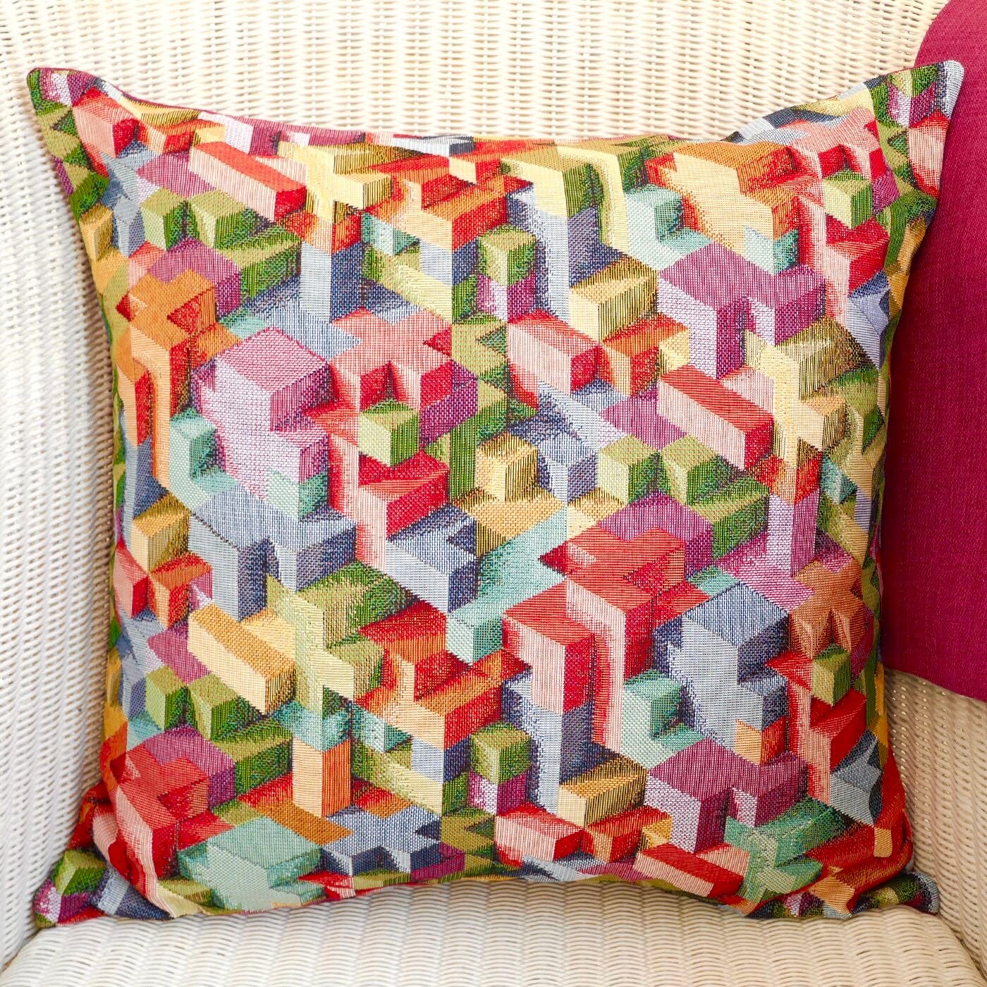 Tapestry Scatter Cushion, Blocks design / Pink reverse