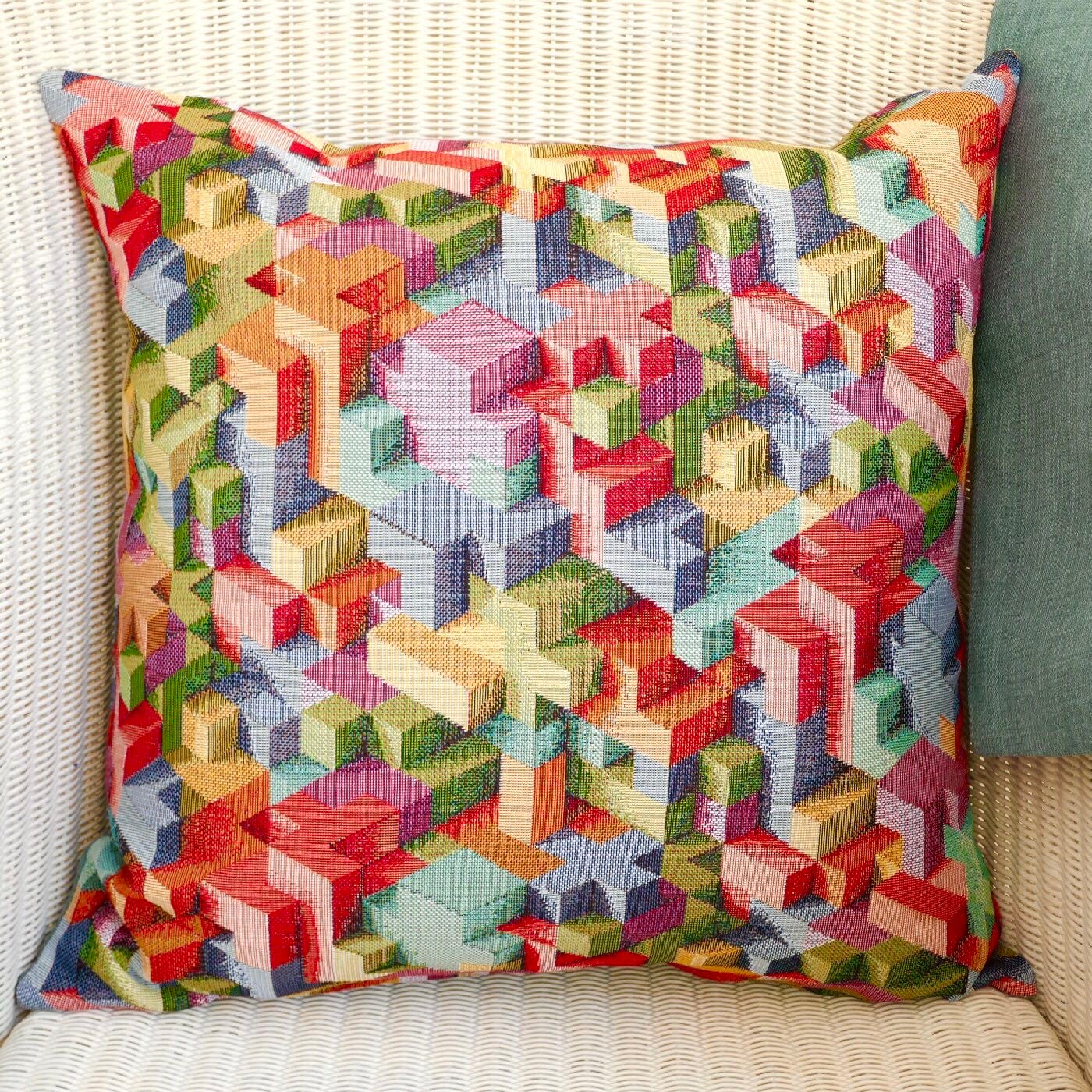 Tapestry Scatter Cushion, Blocks design / Blue reverse