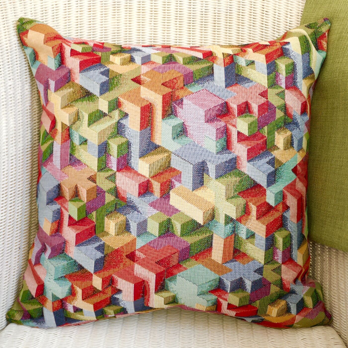 Tapestry Scatter Cushion, Blocks design / Green reverse