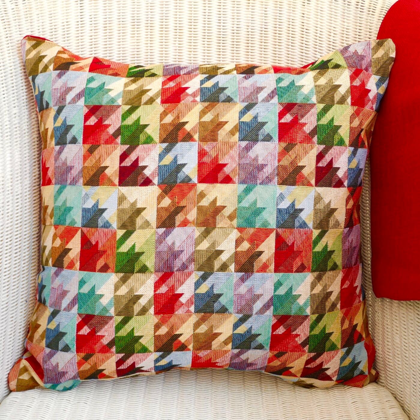 Tapestry Scatter Cushion, Squares design / Red reverse