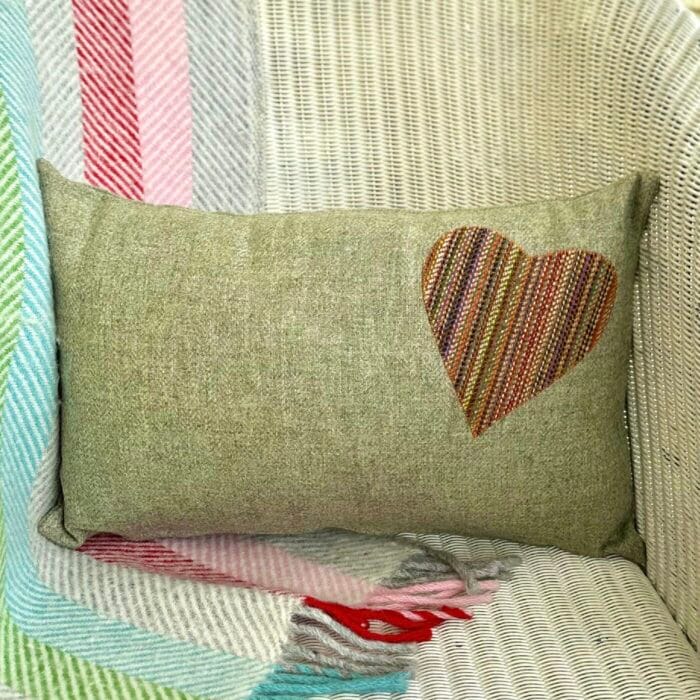 Appliqué Tweed Cushion, 46x30cm Sage with Heart - Image 2