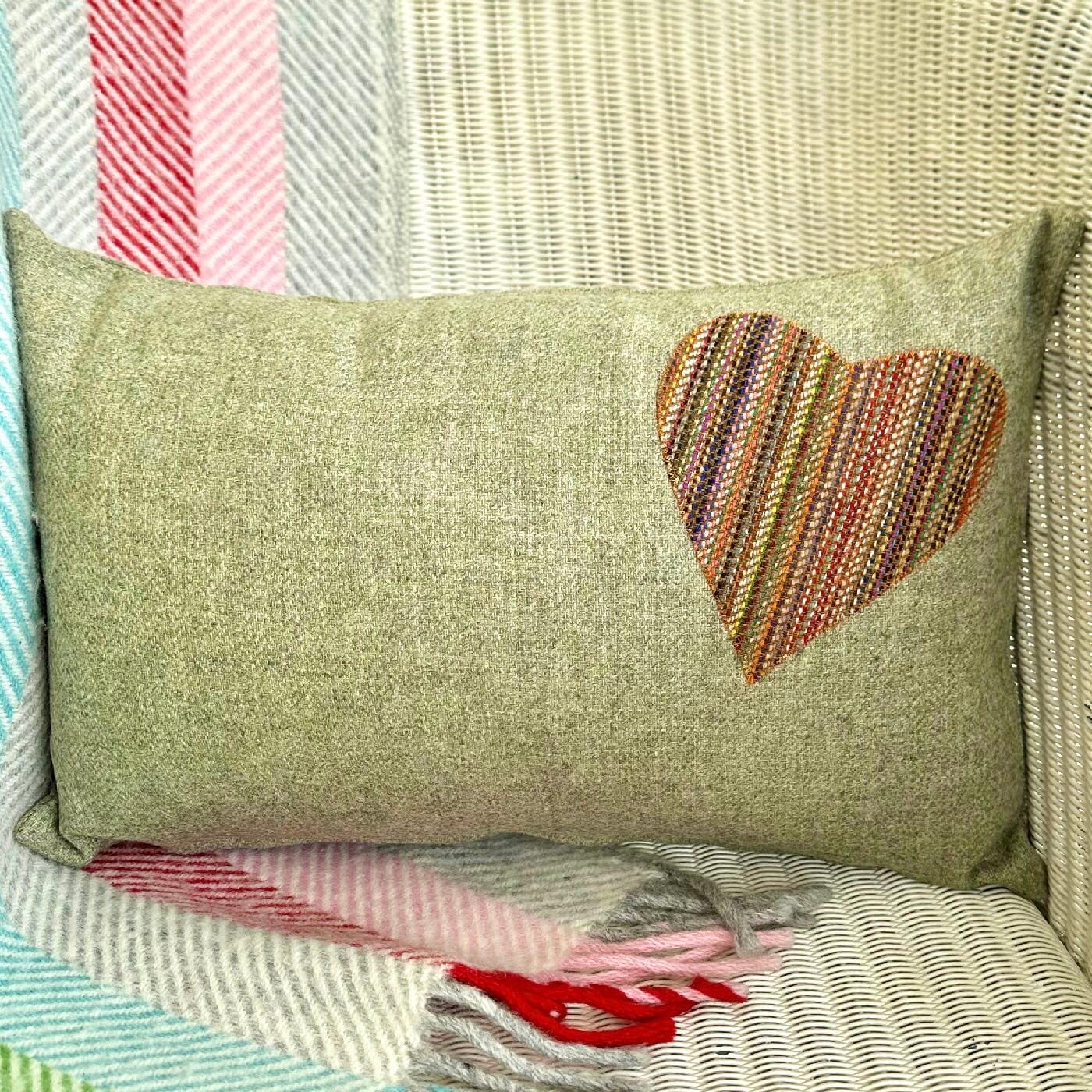 Handmade Tweed Cushion with Appliqué Heart, Sage 46x30cm