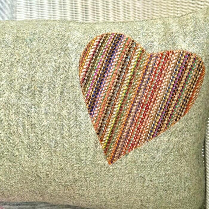 Appliqué Tweed Cushion, 46x30cm Sage with Heart - Image 3