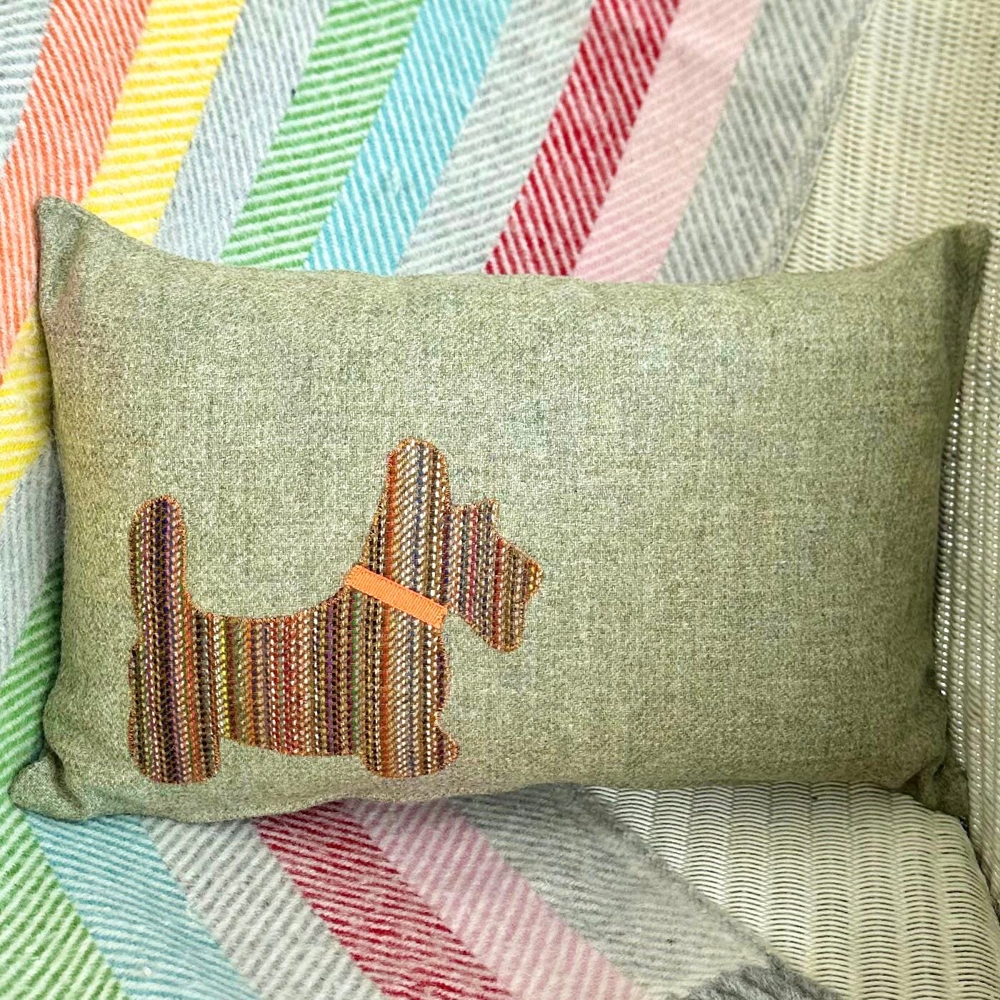 Handmade Tweed Cushion with Appliqué Dog, Sage 46x30cm