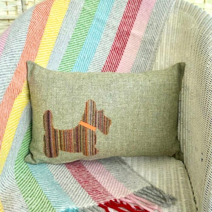 Appliqué Tweed Cushion, 46x30cm Sage with Dog - Image 2