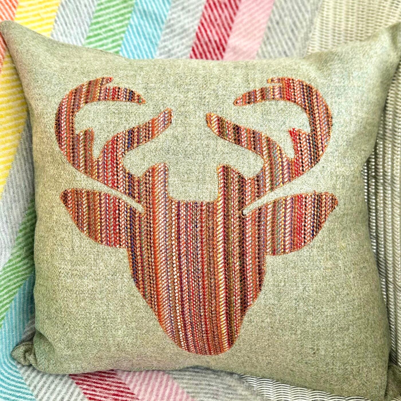 Handmade Tweed Cushion with Appliqué Stag, Sage 46x46cm
