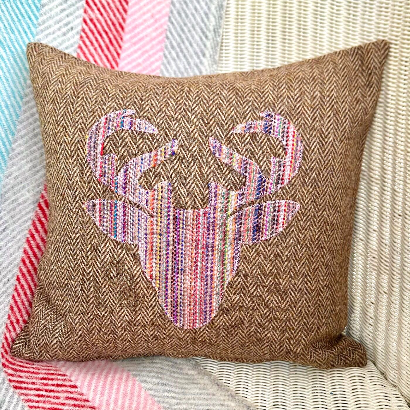 Handmade Tweed Cushion with Appliqué Stag, Brown 36x36cm