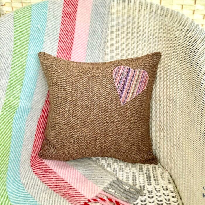 Appliqué Tweed Cushion, 33cm Brown with Heart - Image 2