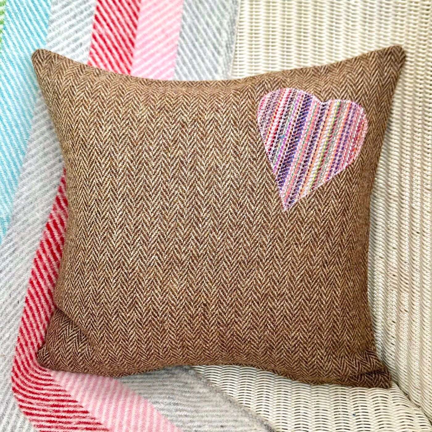 Handmade Tweed Cushion with Appliqué Heart, Brown 36x36cm