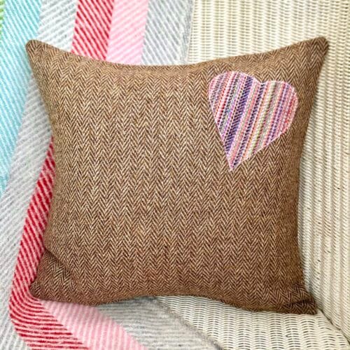 Appliqué Tweed Cushion, 33cm Brown with Heart