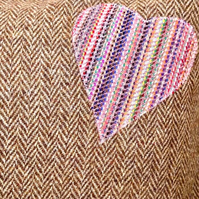 Appliqué Tweed Cushion, 33cm Brown with Heart - Image 3