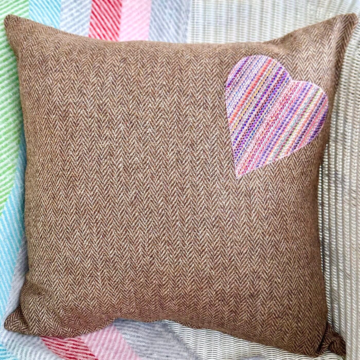 Handmade Tweed Cushion with Appliqué Heart, Brown 46x46cm