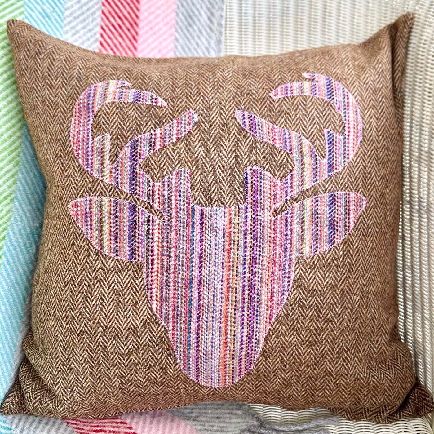Handmade Tweed Cushion with Appliqué Stag, Brown 46x46cm