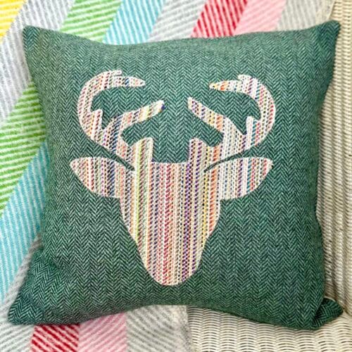 Wool Tweed Cushion, 33cm Marsh Green with appliqué Stag