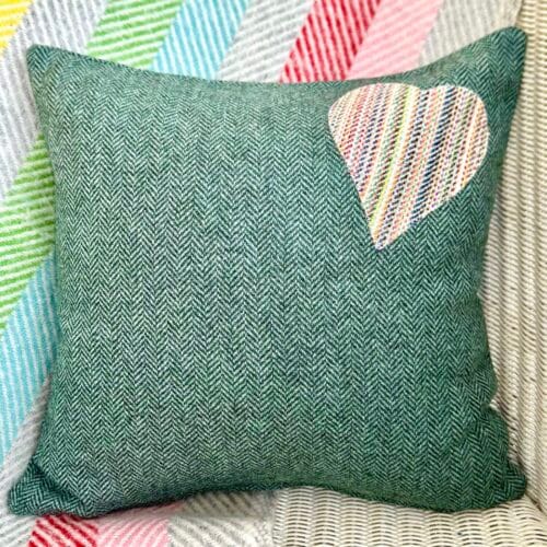 Appliqué Tweed Cushion, 33cm Marsh Green with Heart