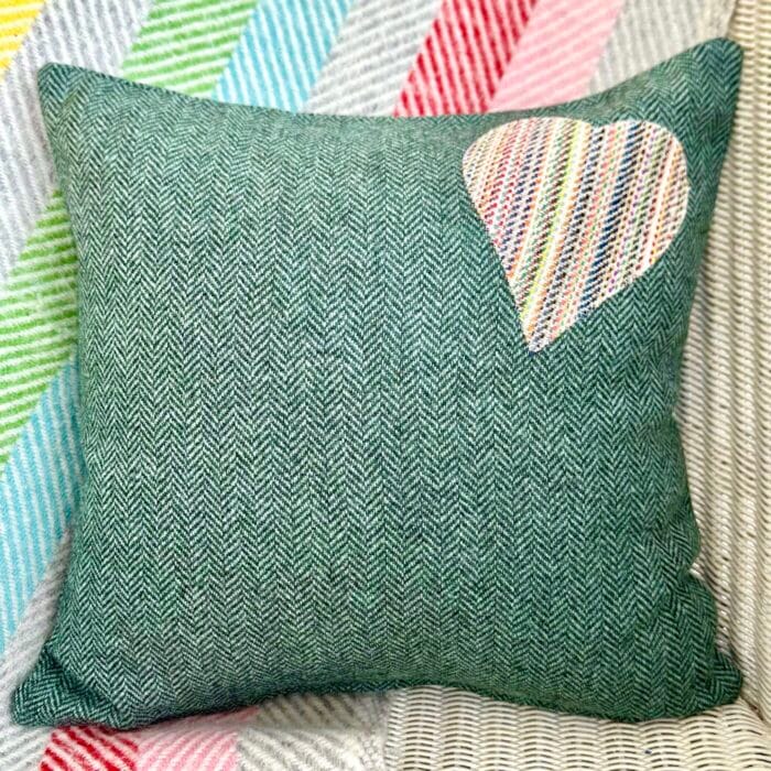 Appliqué Tweed Cushion, 33cm Marsh Green with Heart