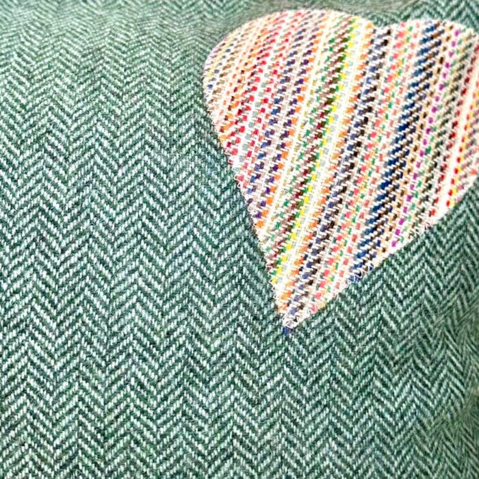 Appliqué Tweed Cushion, 33cm Marsh Green with Heart - Image 3