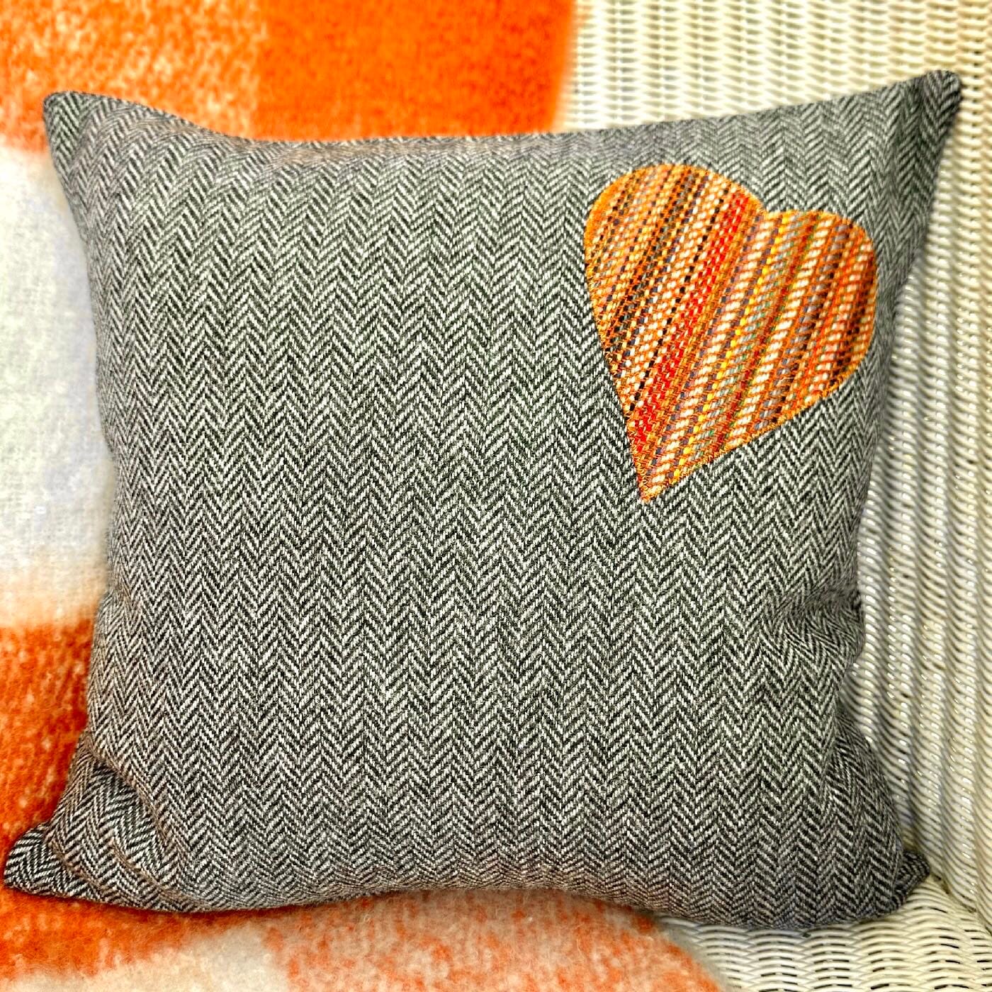 Handmade Tweed Cushion with Appliqué Heart, Grey 36x36cm