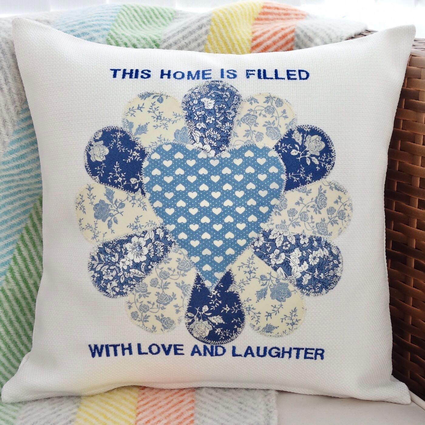 Decorative Pillow, Appliqué Scatter Cushion: Blue Dresden 33cm