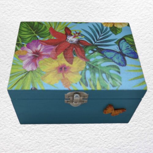 Decorated Wooden Keepsake, Trinket, Jewellery Box 16cm: Tropical