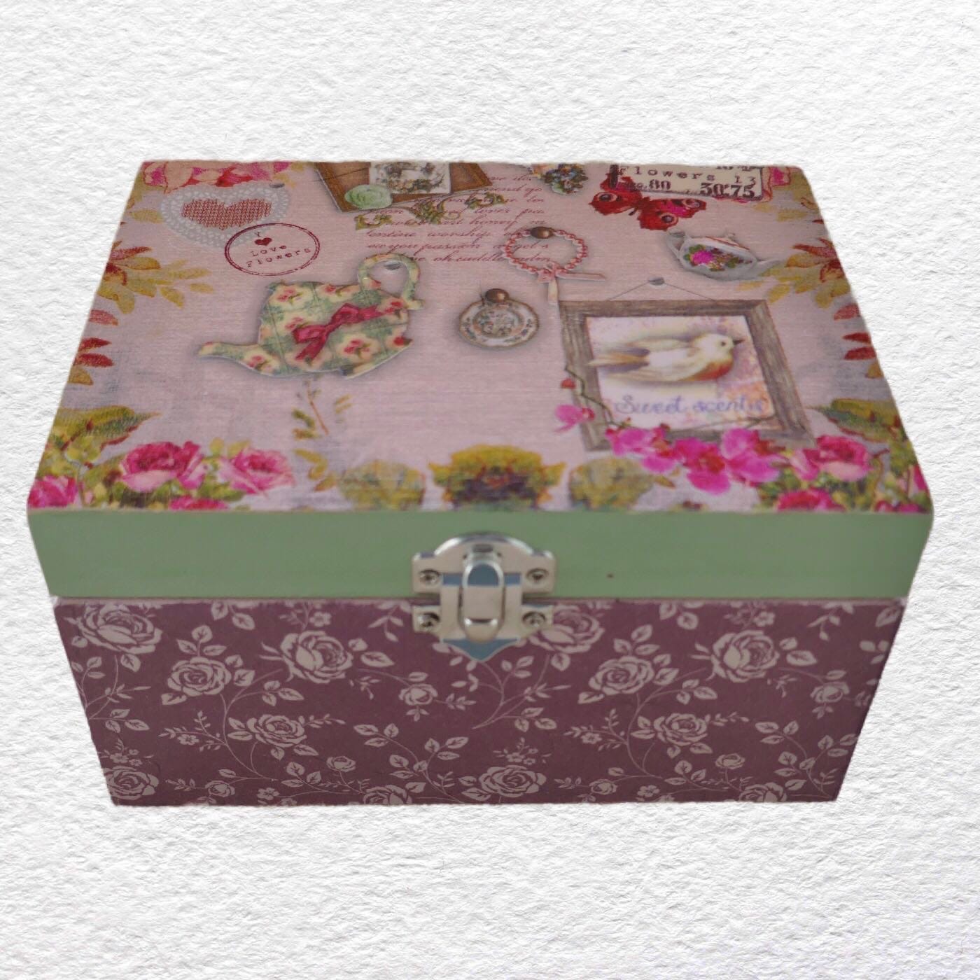 Pink: Decorated Wooden Keepsake, Trinket, Jewellery Box 16cm