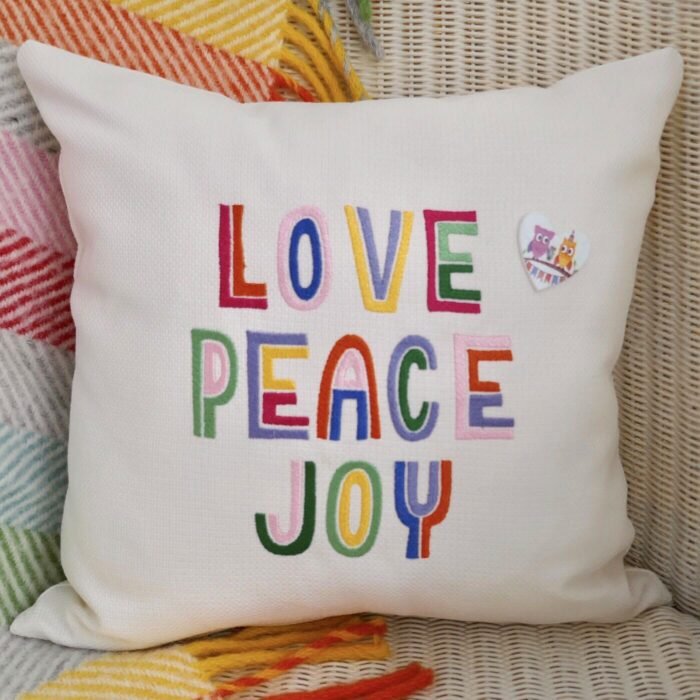 Cream Cushion 33cm Embroidered: Love Peace Joy
