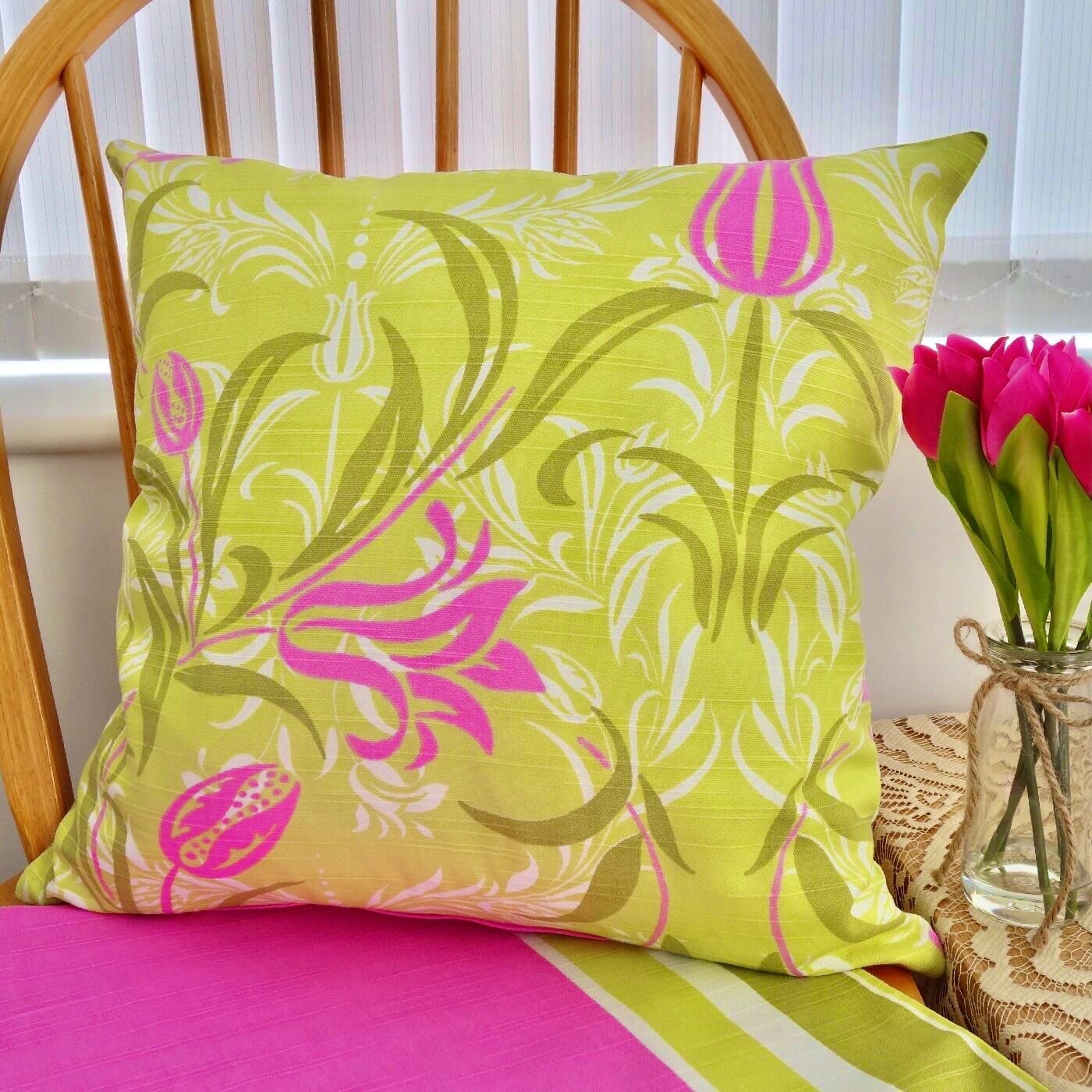 Scatter Cushion / Throw Pillow 43cm: Green Floral / Stripe reverse