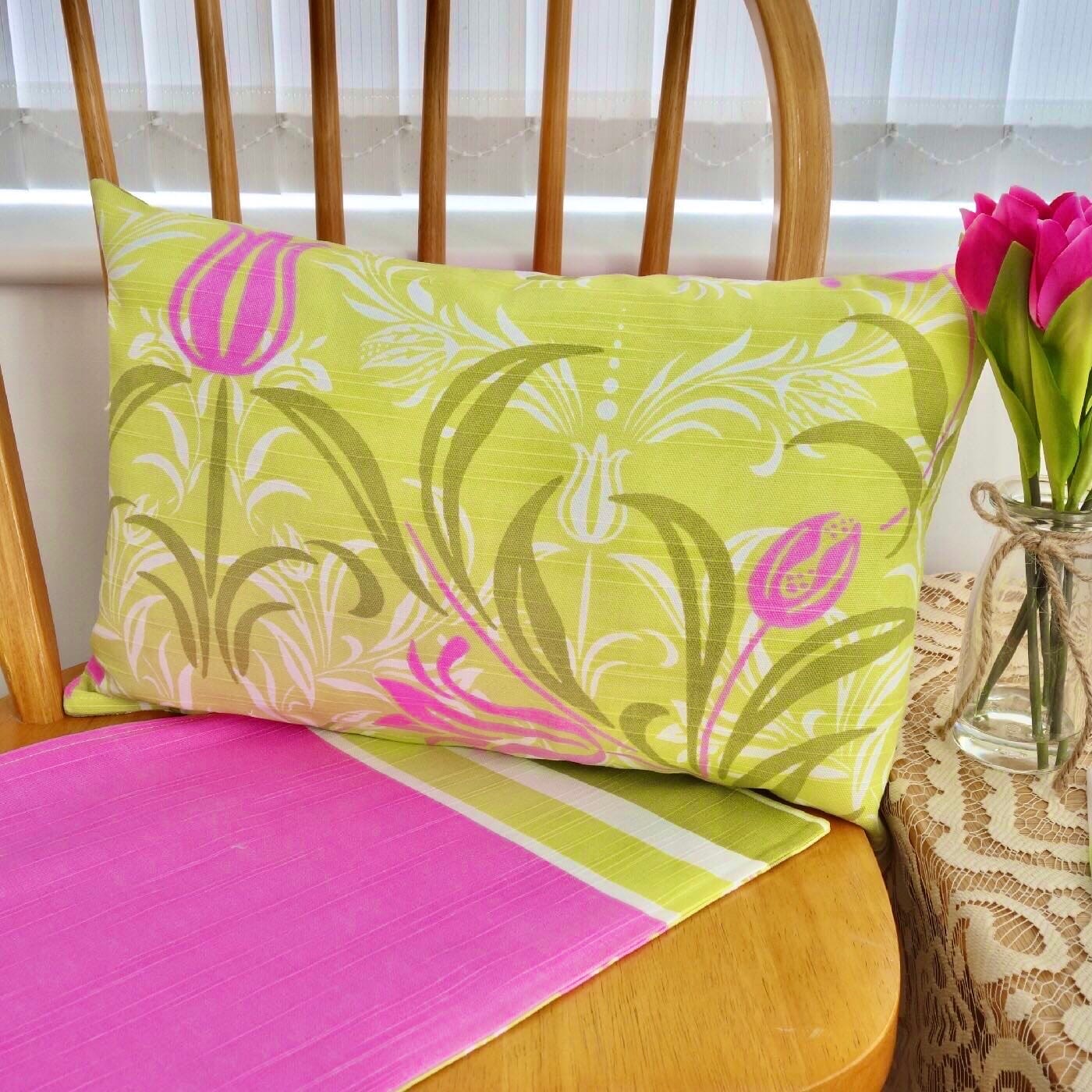 Scatter Cushion / Throw Pillow 43x30cm: Green Floral / Stripe reverse