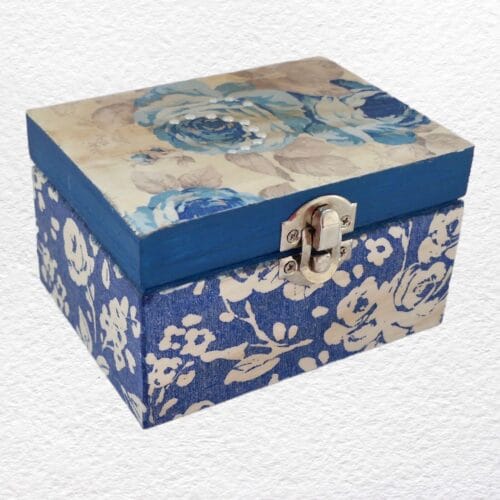 Decorated Wooden Keepsake, Trinket, Jewellery Box 12cm: Blue Floral