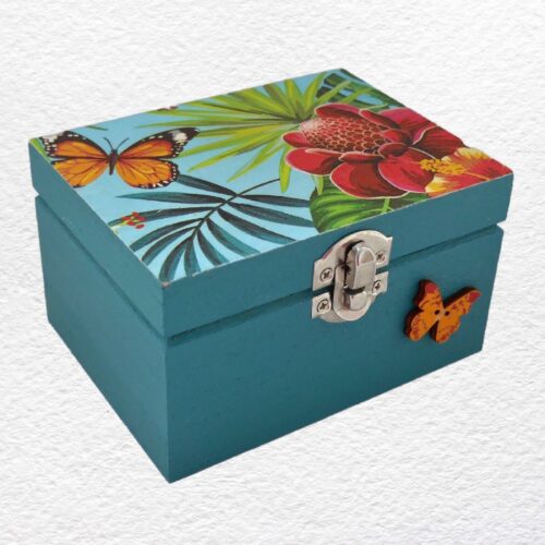 Decorated Wooden Keepsake, Trinket, Jewellery Box 12cm: Blue